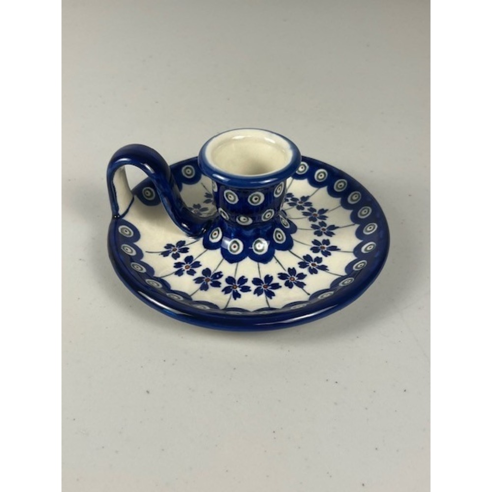 Boleslawiec Polish Pottery Peacock Eye Floral Chamberstick Candle Holder Poland